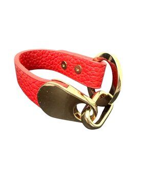 Bracelet Red Textured Leather Chunky Designer Inspired Statement Gold Tone